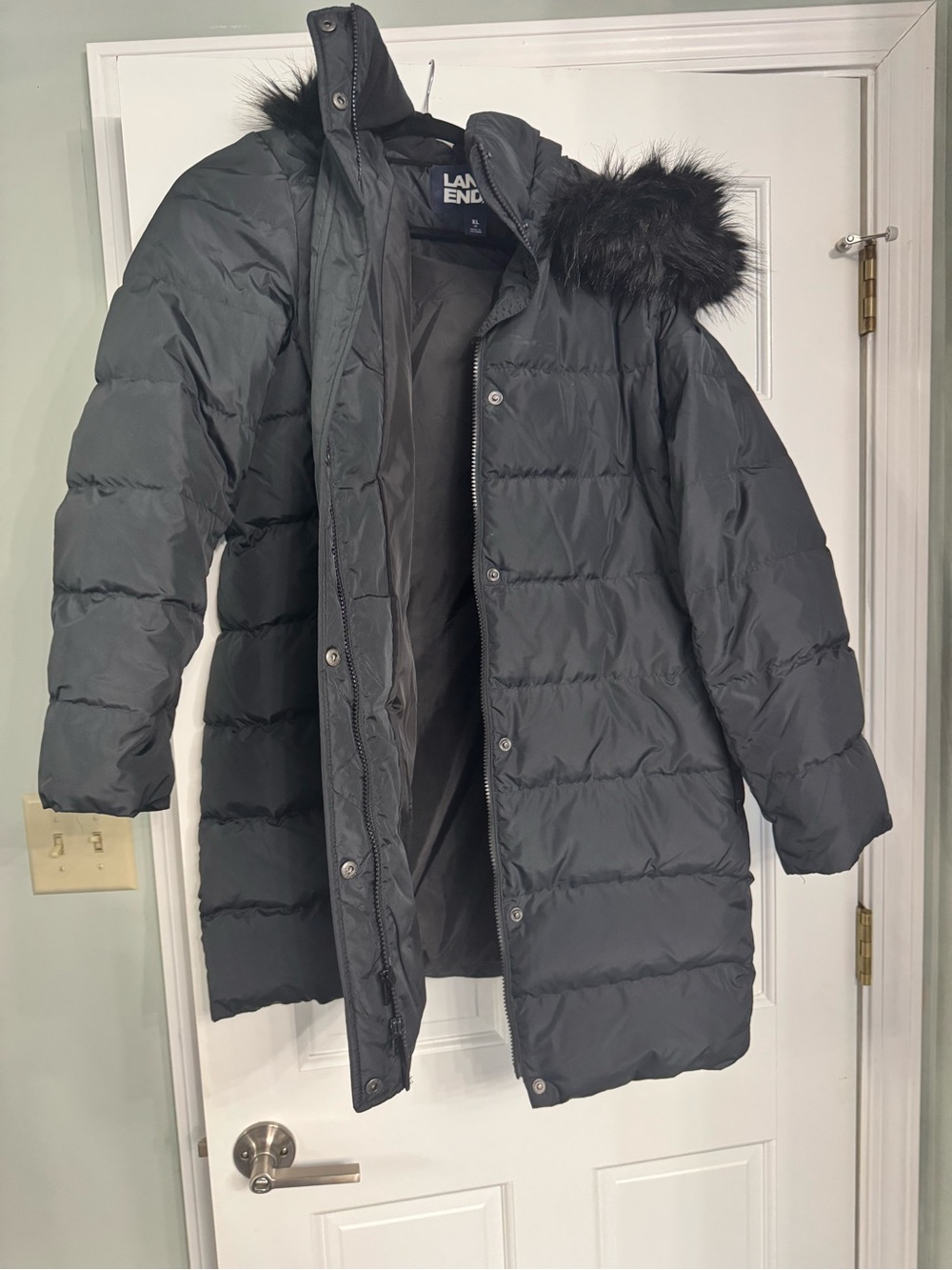 Lands' End Black Quilted Puffer Jacket with Faux Fur Trim